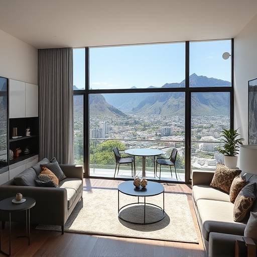 Modern apartment interior with large windows overlooking Cape Town cityscape